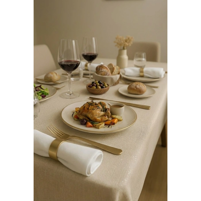 Linen Krem Keten Dokulu Masa Örtüsü