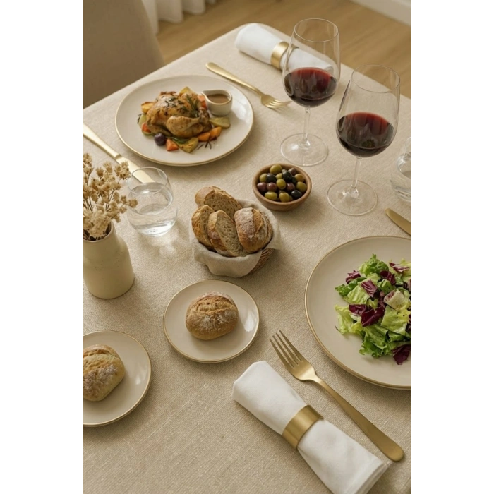 Linen Krem Keten Dokulu Masa Örtüsü