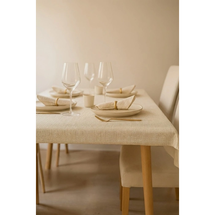 Linen Krem Keten Dokulu Masa Örtüsü