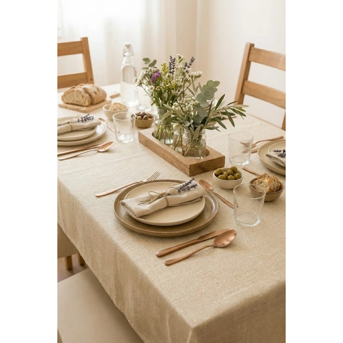 Linen Krem Keten Dokulu Masa Örtüsü