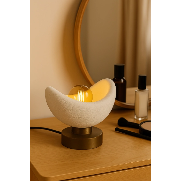 Luna Tasarım Masa Lambası Beyaz & Bronz Detaylı Modern Abajur 20 x 37 cm