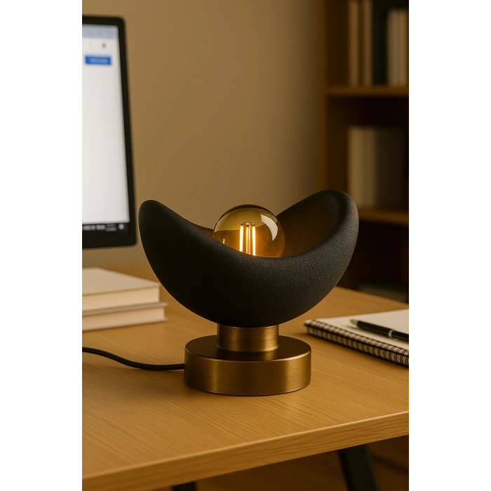 Luna Tasarım Masa Lambası Siyah & Bronz Detaylı Modern Abajur 20 x 37 cm