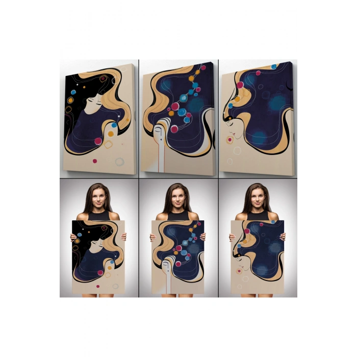 Mavi Ağırlıklı  Zarif Kadınlar Duvar Tablosu Üçlü Set-DK-88