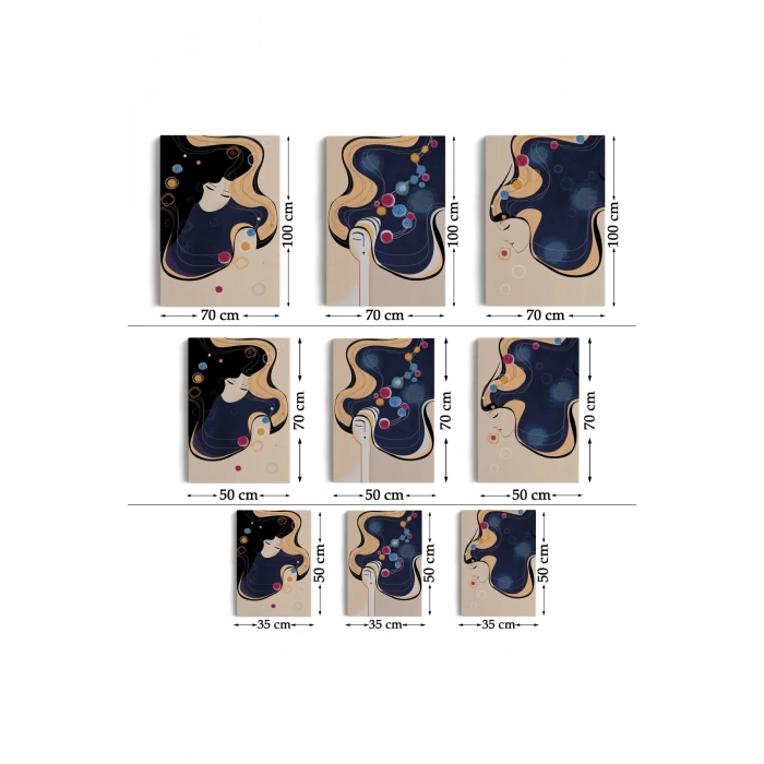 Mavi Ağırlıklı  Zarif Kadınlar Duvar Tablosu Üçlü Set-DK-88