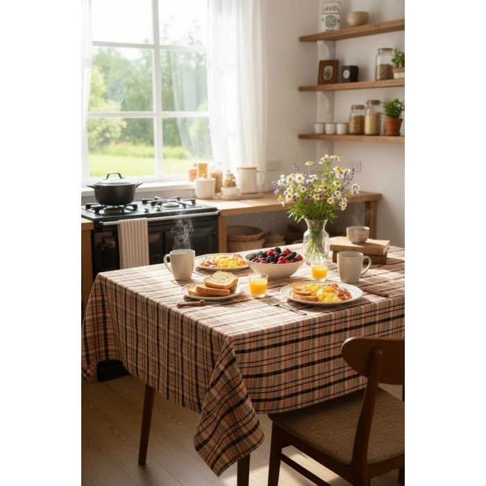 Modern Ekose Masa Örtüsü Yıkanabilir Pamuklu Günlük, Çeyizlik Sofra Örtüsü 140 x 140 cm