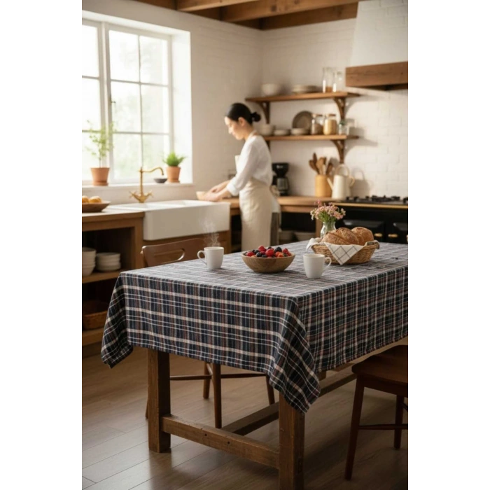 Modern Ekose Masa Örtüsü Yıkanabilir Pamuklu Günlük, Çeyizlik Sofra Örtüsü 140 x 200 cm