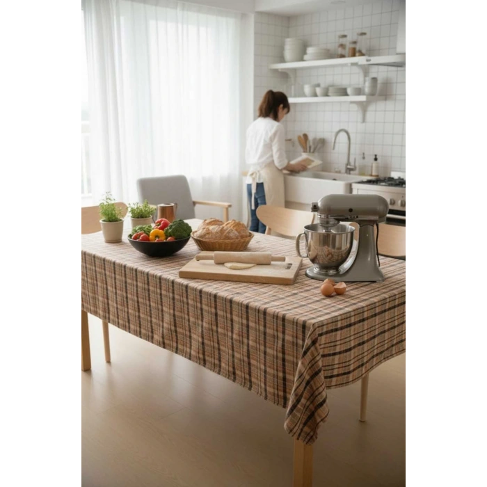 Modern Ekose Masa Örtüsü Yıkanabilir Pamuklu Günlük, Çeyizlik Sofra Örtüsü 140 x 200 cm