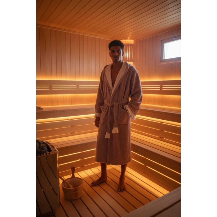 Müslin Unisex Bornoz Kapüşonlu Püsküllü Yumuşak Dokulu Banyo Ve Plaj Bornozu