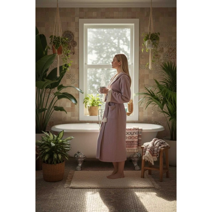 Müslin Unisex Bornoz Kapüşonlu Püsküllü Yumuşak Dokulu Banyo Ve Plaj Bornozu