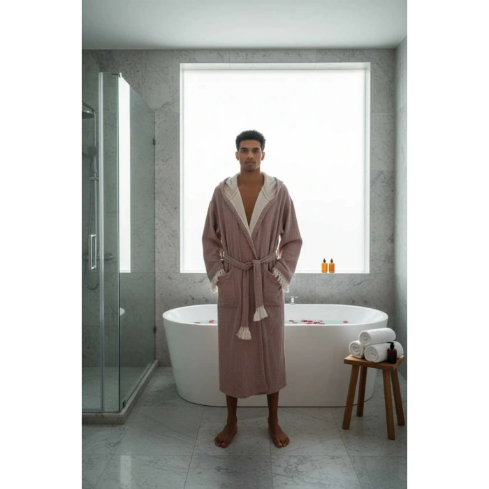 Müslin Unisex Bornoz Kapüşonlu Püsküllü Yumuşak Dokulu Banyo Ve Plaj Bornozu