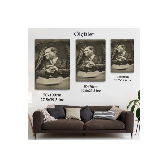 Mustafa Kemal Atatürkün Karakalem Görünümlü Portre Çizimi Dikdörtgen Dekoratif Kanvas Tablo-DE-82