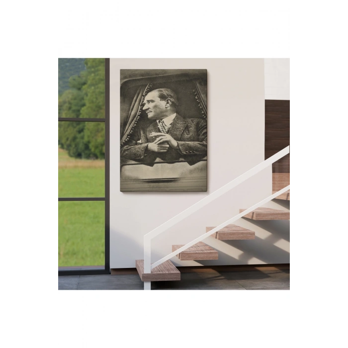 Mustafa Kemal Atatürkün Karakalem Görünümlü Portre Çizimi Dikdörtgen Dekoratif Kanvas Tablo-DE-82