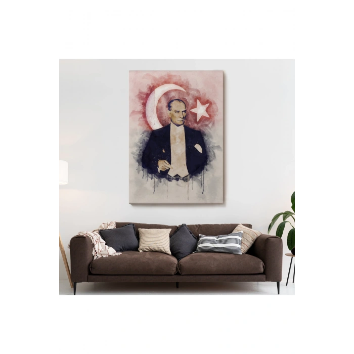 Mustafa Kemal Atatürk ve Türk Bayrağı Suluboya Görünümlü Dekoratif Kanvas Tablo-CY-76
