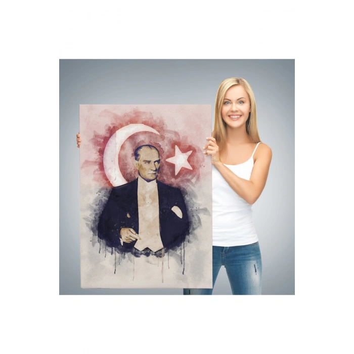 Mustafa Kemal Atatürk ve Türk Bayrağı Suluboya Görünümlü Dekoratif Kanvas Tablo-CY-76