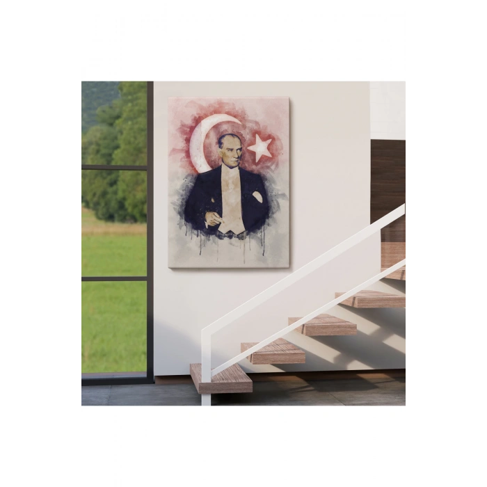 Mustafa Kemal Atatürk ve Türk Bayrağı Suluboya Görünümlü Dekoratif Kanvas Tablo-CY-76