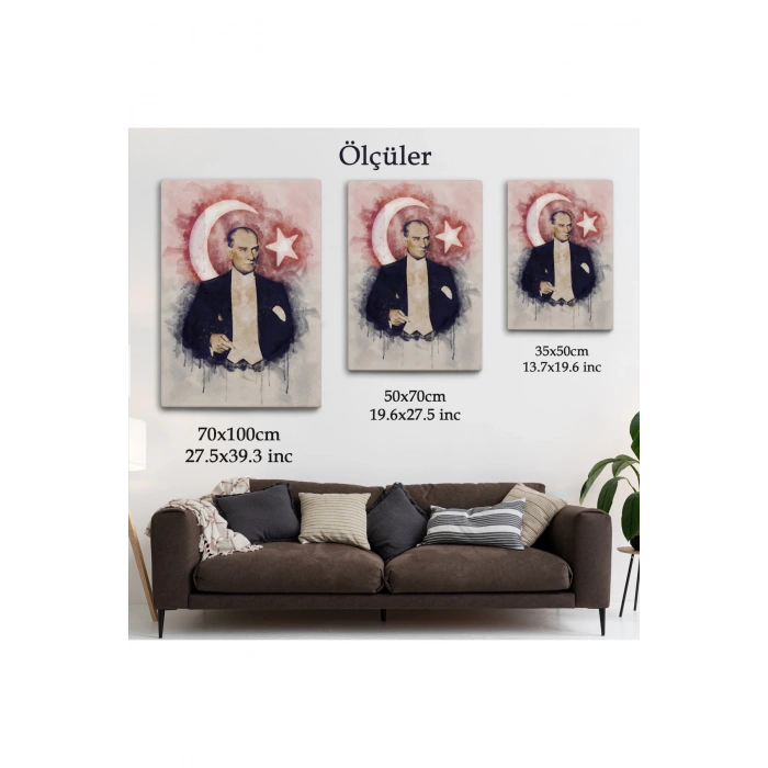 Mustafa Kemal Atatürk ve Türk Bayrağı Suluboya Görünümlü Dekoratif Kanvas Tablo-CY-76