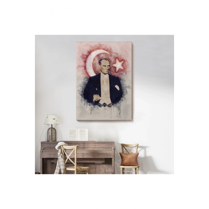 Mustafa Kemal Atatürk ve Türk Bayrağı Suluboya Görünümlü Dekoratif Kanvas Tablo-CY-76
