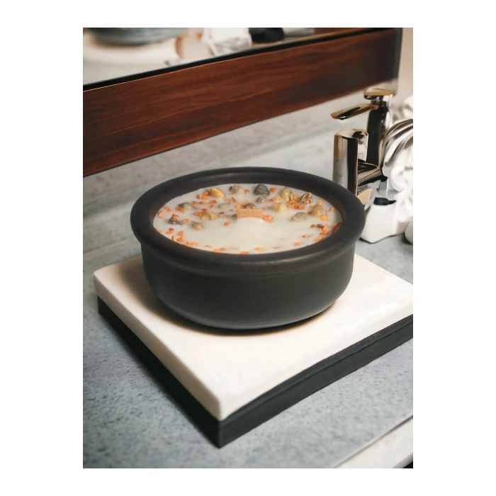 Okyanus Kokulu Aromaterapi Mum, Ahşap Fitilli, Dekoratif Doğal Çömlek Mum