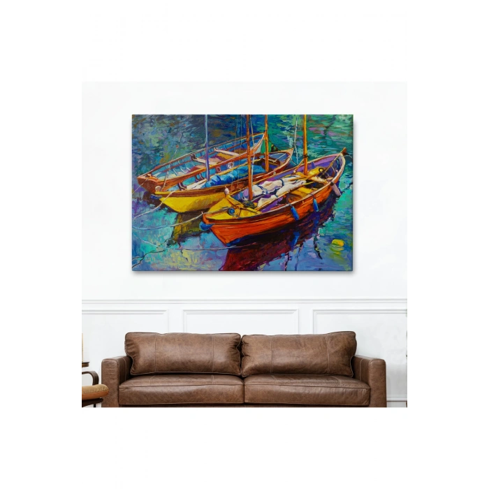 Okyanus Üzerinde Gün Batımı Tekne ve Deniz Kanvas Duvar Tablosu-1194