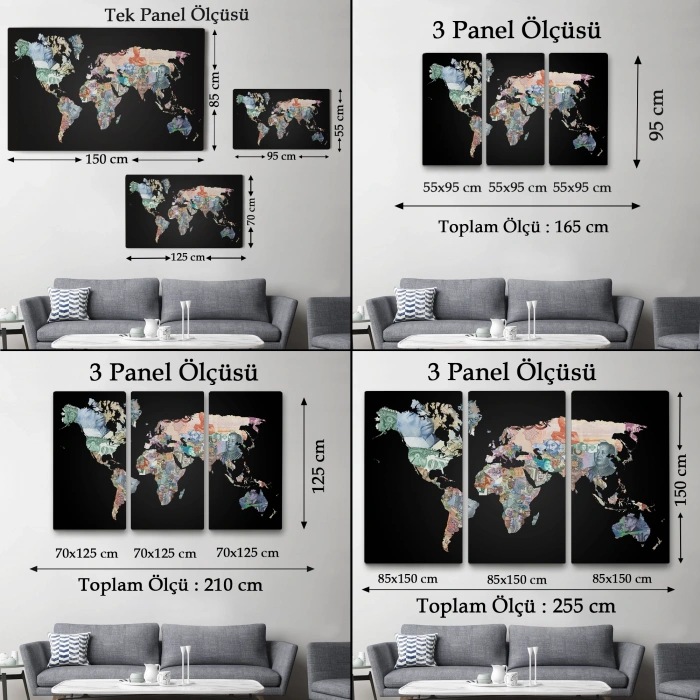 Para Desenli Kanvas Dünya haritası Kanvas Tablo 1012