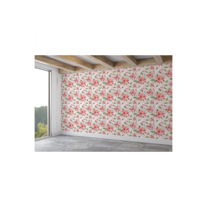 Pembe Çiçek ve Yaprak Desenli Duvar Kağıdı-5588