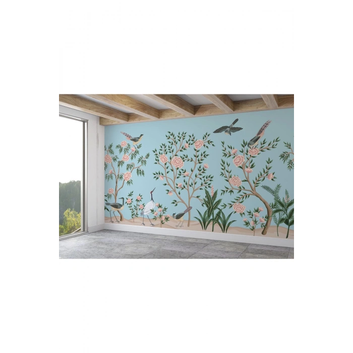 Pembe Çiçekli Ağaç ve Kuşlar Duvar Kağıdı-5620