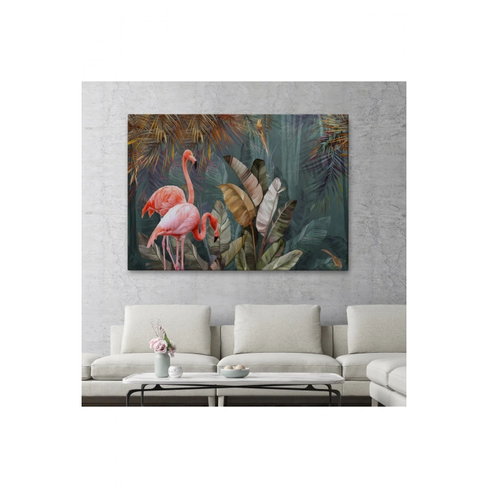 Pembe Filamingolar Yağlıboya Görünüm Dekoratif Tablo -3700