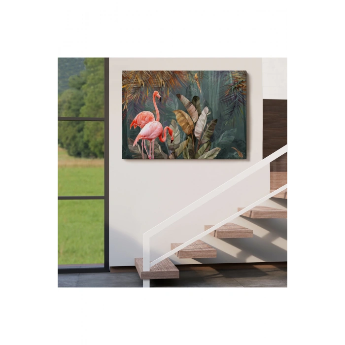 Pembe Filamingolar Yağlıboya Görünüm Dekoratif Tablo -3700