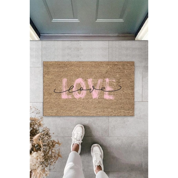 Pembe Kapı Önü Paspası Love Desen  K-3297