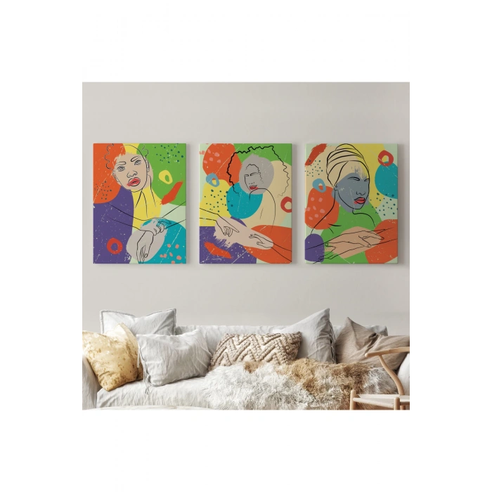 Pop Art Afrika Kadın Renkli Portre 3 lü Duvar Tablo Seti -AG-7