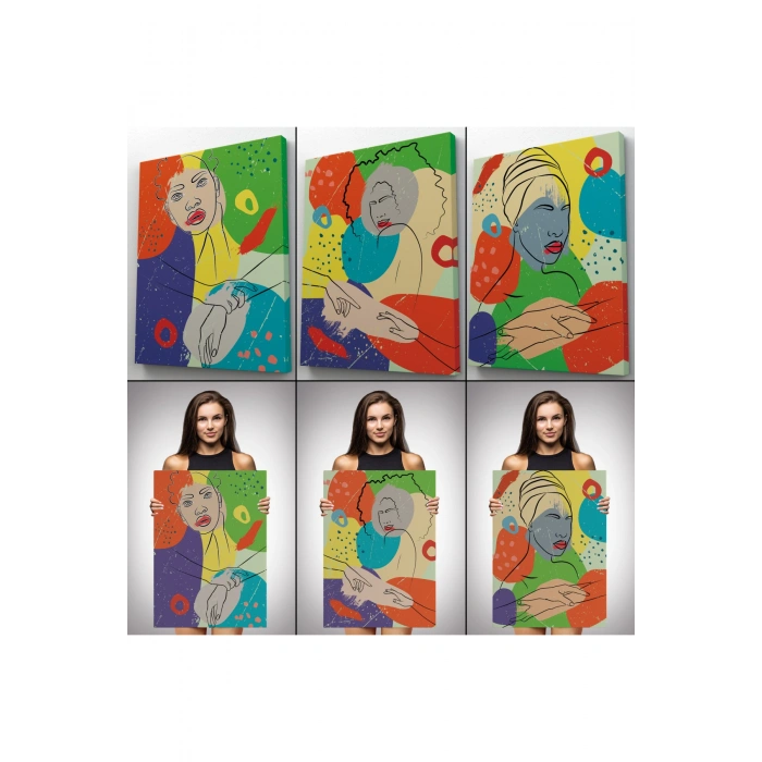 Pop Art Afrika Kadın Renkli Portre 3 lü Duvar Tablo Seti -AG-7
