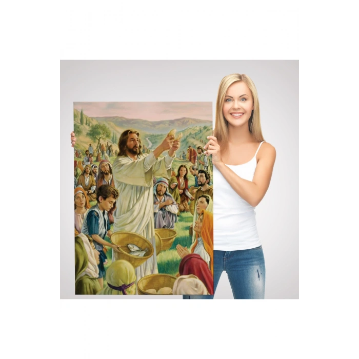 Rab İsa Binlerce Kişiyi Birkaç Ekmek ve Balıkla Doyuruyor Tablo Jesus Christ -6386