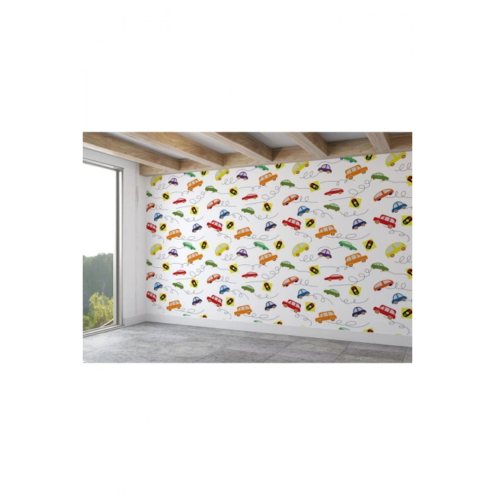 Renkli Arabalar Desenli Erkek Çocuk Odası Duvar Kağıdı-5751