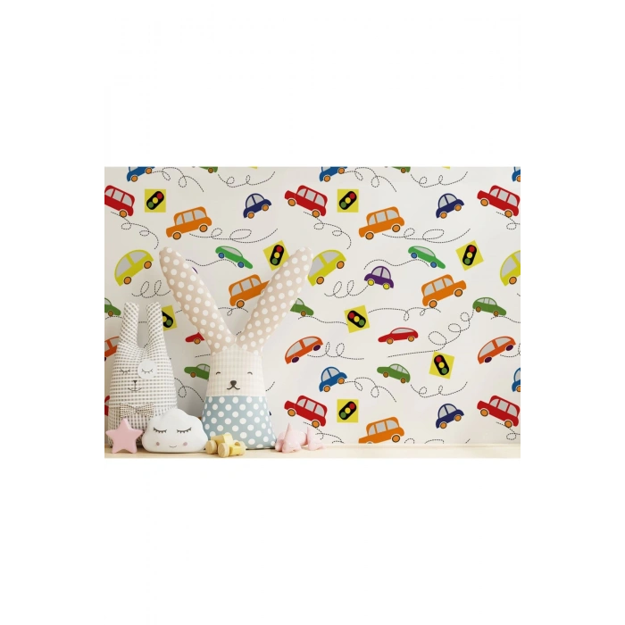 Renkli Arabalar Desenli Erkek Çocuk Odası Duvar Kağıdı-5751