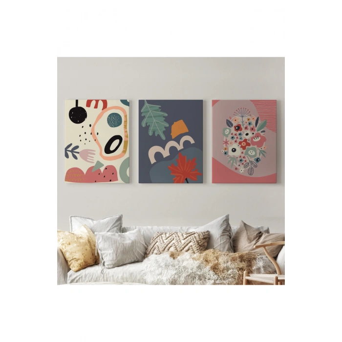 Renkli Çiçekler, Mutfak, Antre  Çağdaş Duvar Tablosu 3 lü Set-AJ-10