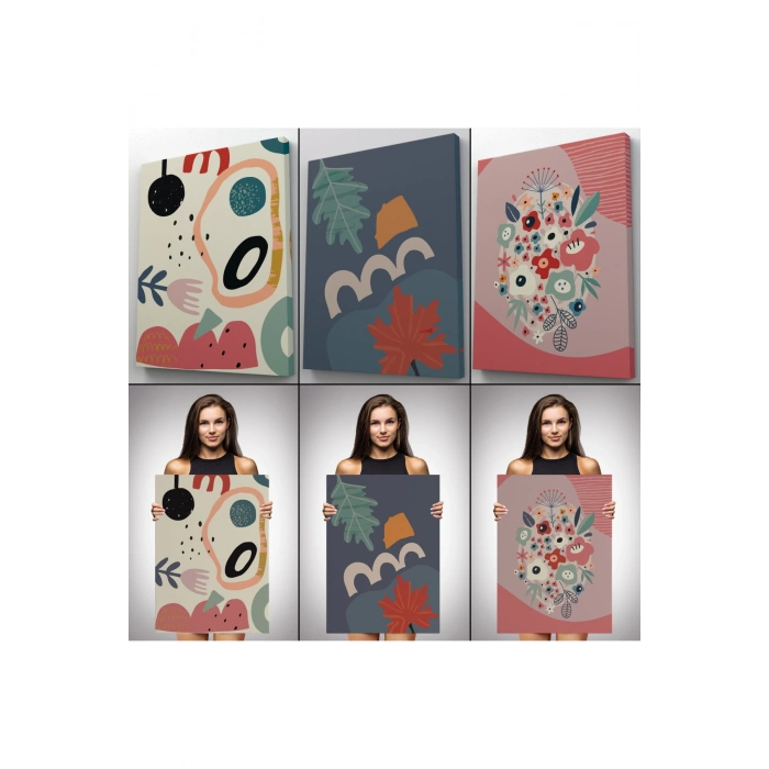 Renkli Çiçekler, Mutfak, Antre  Çağdaş Duvar Tablosu 3 lü Set-AJ-10