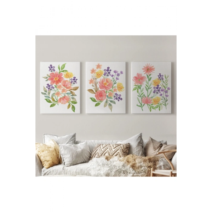 Renkli Çiçekler Suluboya Görünümlü Dekoratif Duvar Tablosu Üçlü Set-EI-108