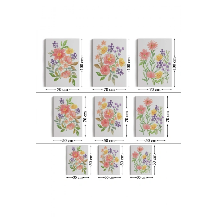 Renkli Çiçekler Suluboya Görünümlü Dekoratif Duvar Tablosu Üçlü Set-EI-108