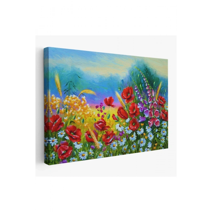 Renkli Çiçekler Yağlıboya Görünüm Dekoratif Kanvas Duvar Tablosu-3749