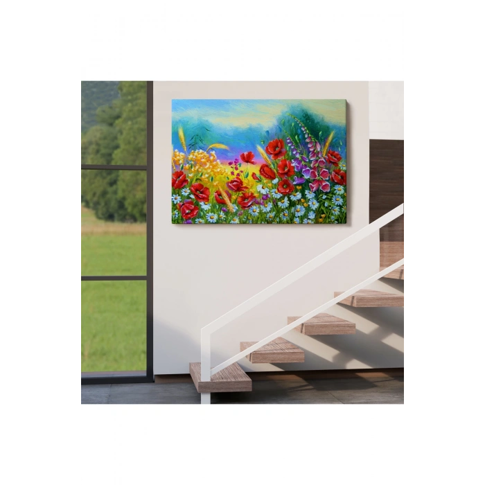 Renkli Çiçekler Yağlıboya Görünüm Dekoratif Kanvas Duvar Tablosu-3749
