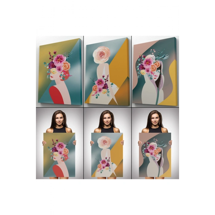 Renkli Çiçekli Kadınlar Dekoratif Duvar Tablosu Üçlü Set-DJ-87