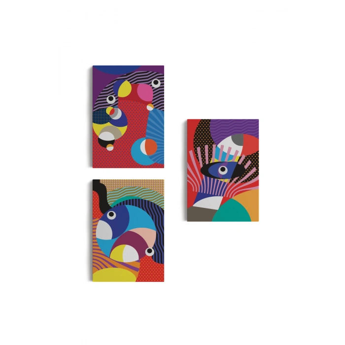 Renkli Geometrik Desenli Pop Art 3 lü Kanvas Duvar Tablo Seti-AO-14