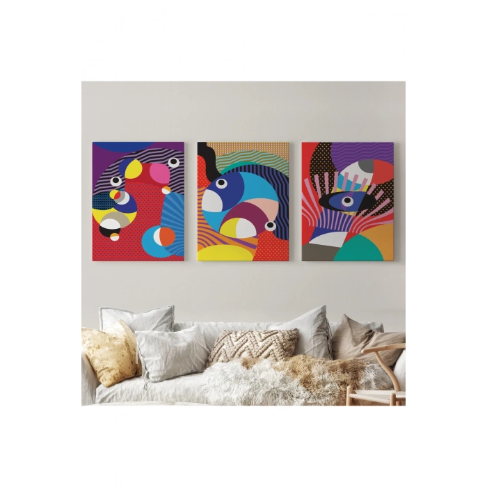 Renkli Geometrik Desenli Pop Art 3 lü Kanvas Duvar Tablo Seti-AO-14