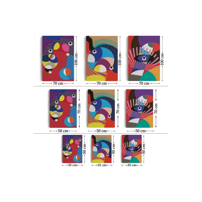 Renkli Geometrik Desenli Pop Art 3 lü Kanvas Duvar Tablo Seti-AO-14