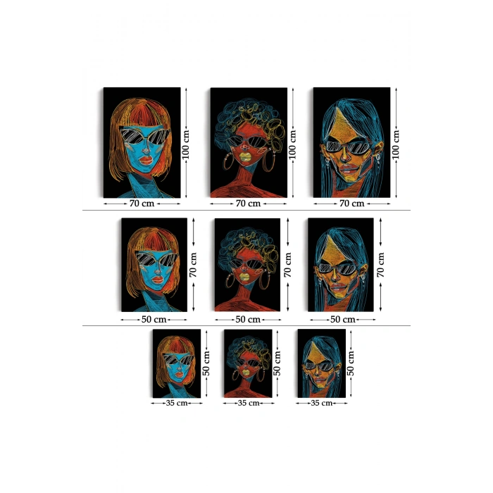 Renkli Pop Art Kadınlar Dekoratif Duvar Tablosu Üçlü Set-EU-120