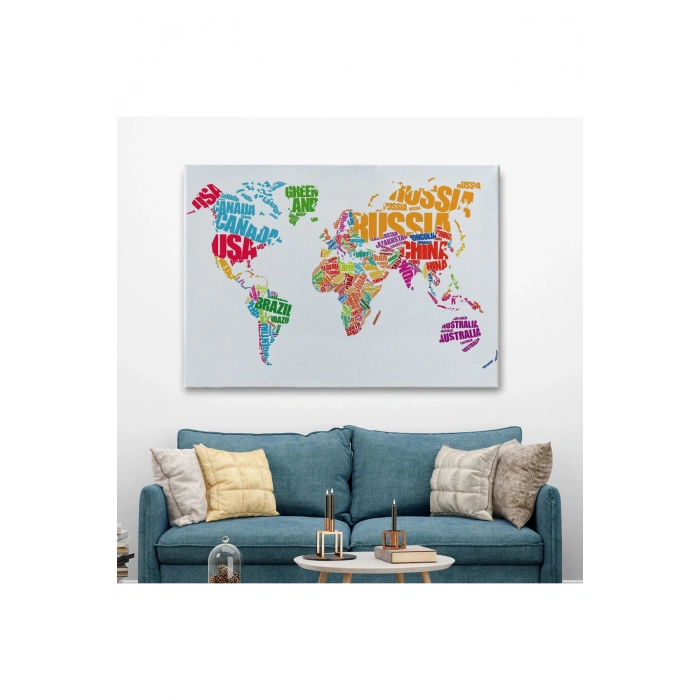 Renkli Ülke İsimli Dünya Haritası Kanvas Tablo 1011