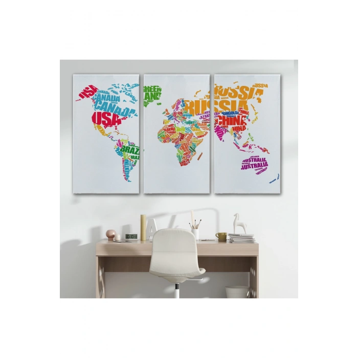 Renkli Ülke İsimli Dünya Haritası Kanvas Tablo 1011