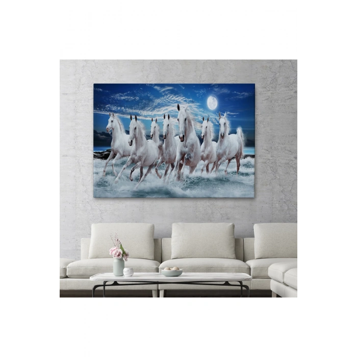 Sahildeki Koşan Beyaz Atlar Tablosu-6580