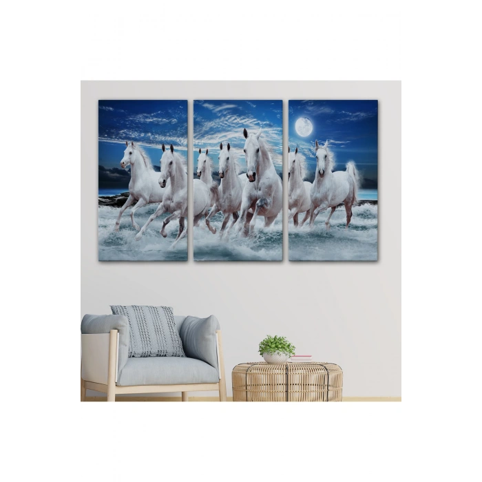 Sahildeki Koşan Beyaz Atlar Tablosu-6580