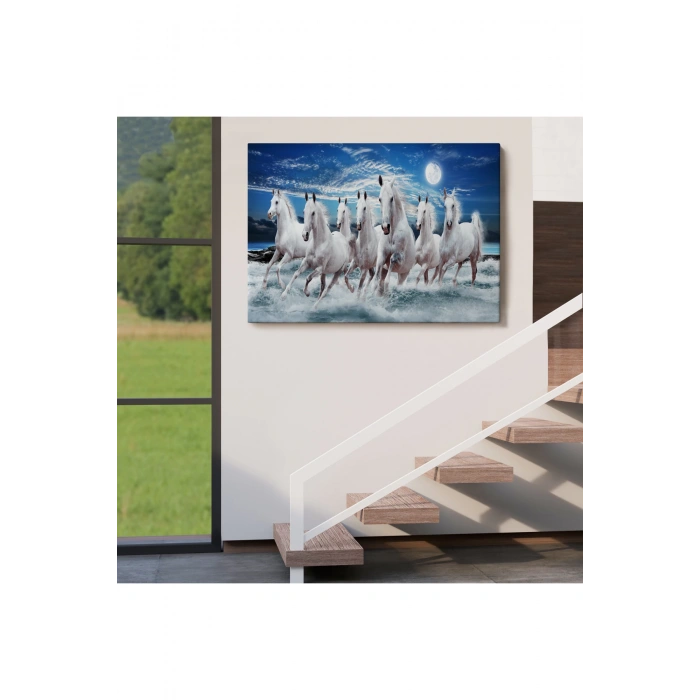 Sahildeki Koşan Beyaz Atlar Tablosu-6580